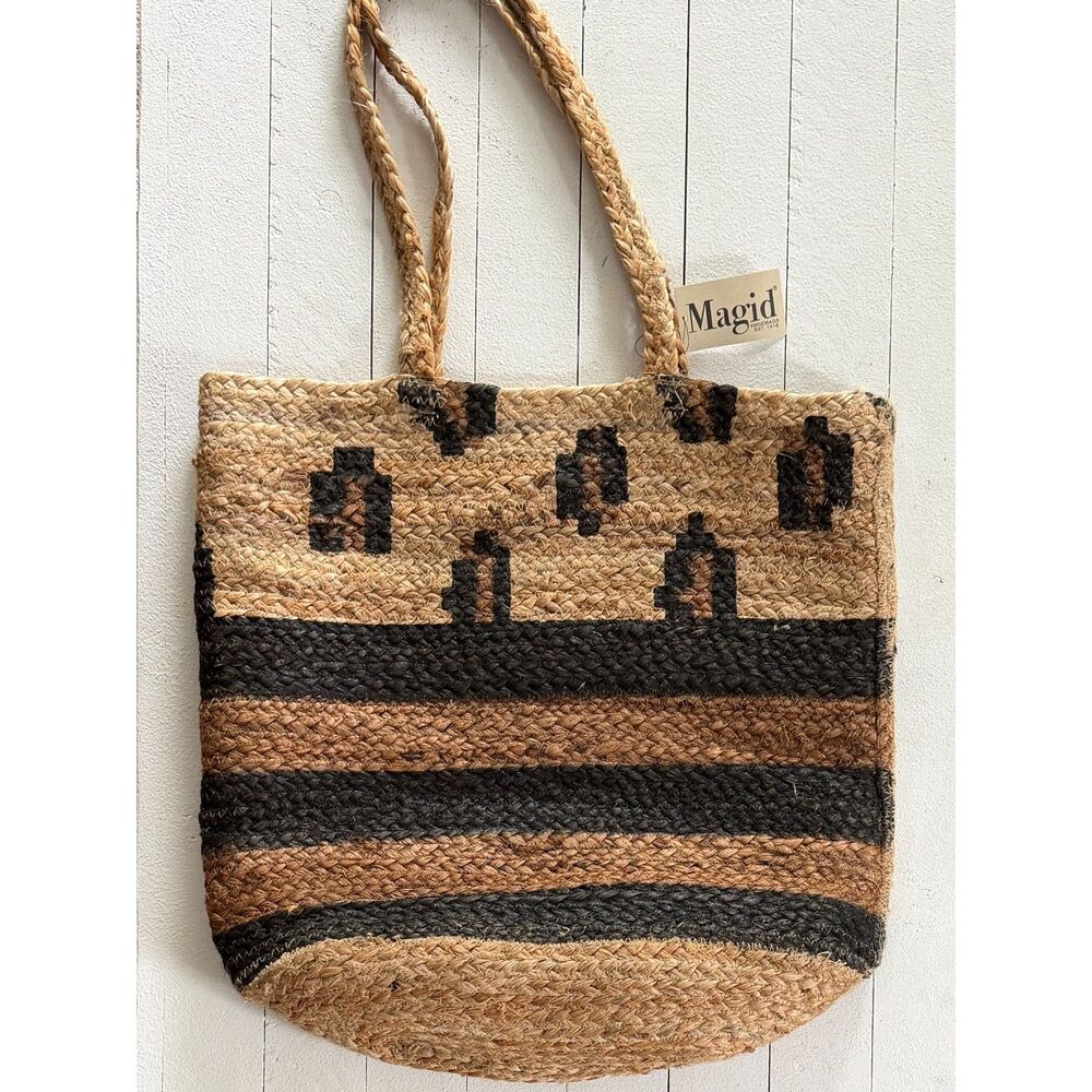 Magid Natural Jute Woven Large Tote Bag Leopard Stripe Round Rustic Boho Beach